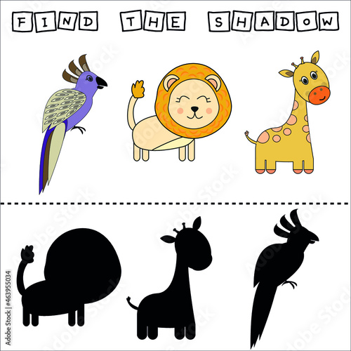 worksheet vector design  the task is to finf a shadow parrot  lion  giraffe.  Logic game for children.