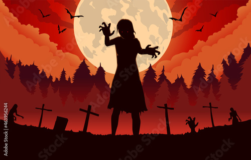 Silhouettes of Zombie lady was evil spirit walking out from the grave at full moon night. illustration for Halloween and ghost. bat in the sky.