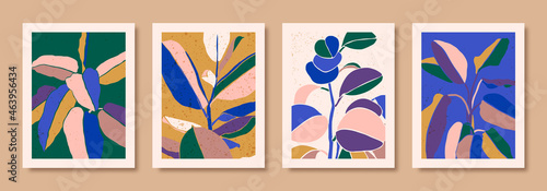 Set Abstract Floral Posters in Contemporary Minimalist Style. Vector Colorful Tropical Backgrounds. Art Collage