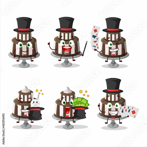A chocolate cake sweet Magician cartoon character perform on a stage