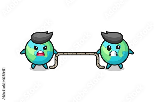 cute earth character is playing tug of war game