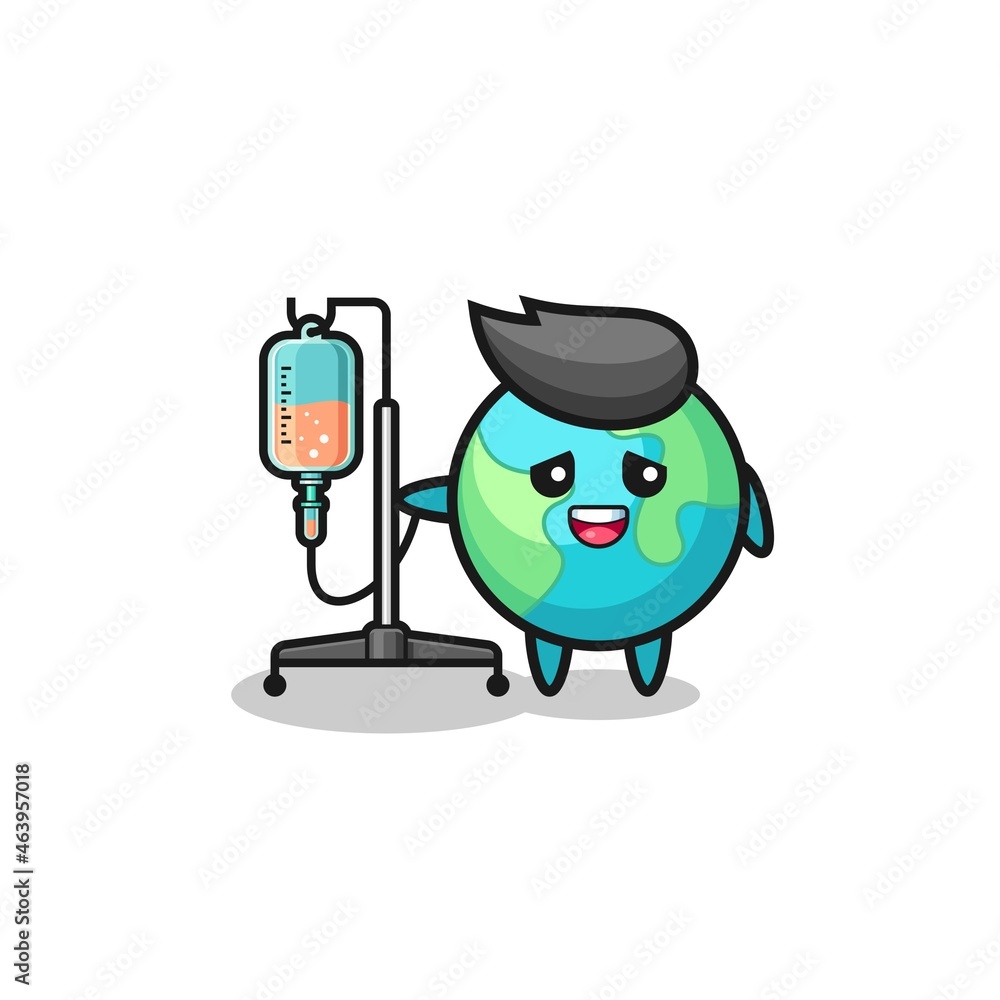 cute earth character standing with infusion pole cute earth character standing with infusion pole