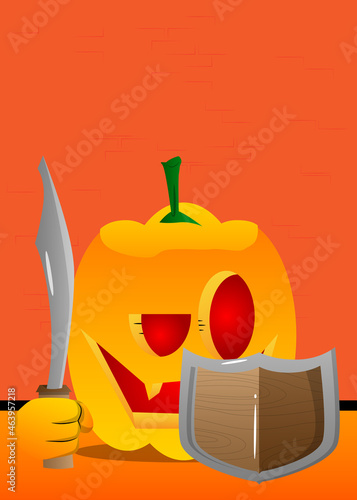 Decorative pumpkin for Halloween holding a sword and shield as a cartoon character with face. Vector Illustration.