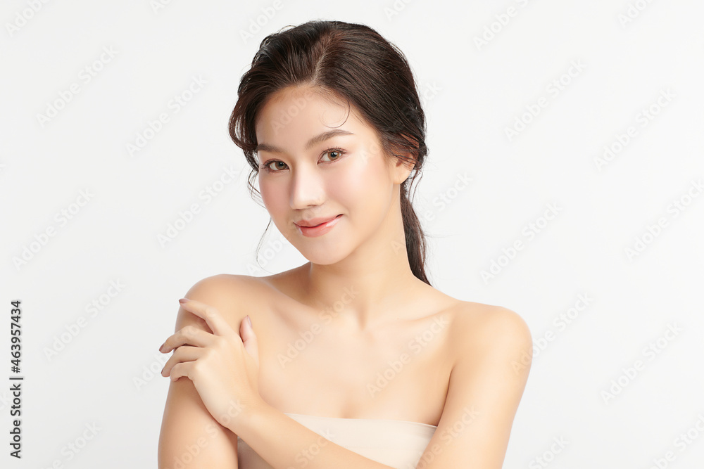 Beautiful young asian woman with clean fresh skin on white background, Face care, Facial treatment, Cosmetology, beauty and spa, Asian women portrait.
