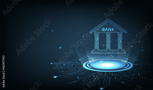 Banking Technology concept.Isometric illustration of bank on technology circuit lines background.Digital connect system.Financial technology concept.Vector illustration.EPS 10.