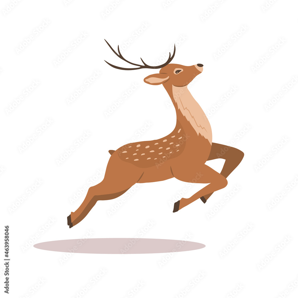 Stylized noble sika deer. Reindeer with antlers in jump. Ruminant mammal animal. Vector illustration in flat cartoon style. Stylized noble sika deer. Reindeer with antlers in jump. Ruminant mammal animal. Vector illustration in flat cartoon style.