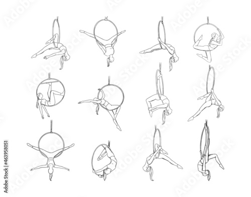 Circus woman acrobat in the aerial hoop. Lyra woman gymnast set isolated in white background. Sketch vector illustration