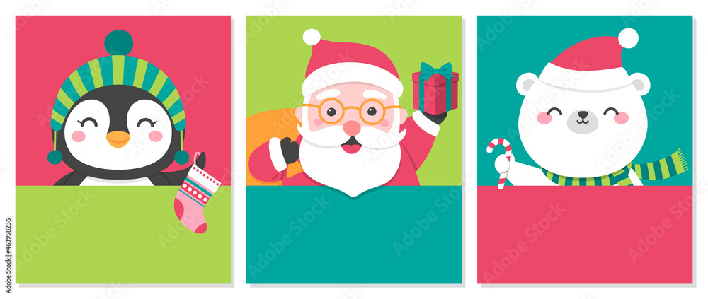 Set of cute cartoon illustration with copy space for christmas and new year card template. Set of cute cartoon illustration with copy space for christmas and new year card template.