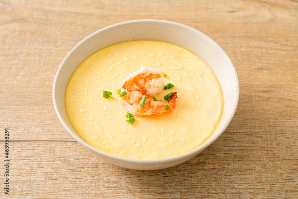 Steamed egg with shrimp and spring onions