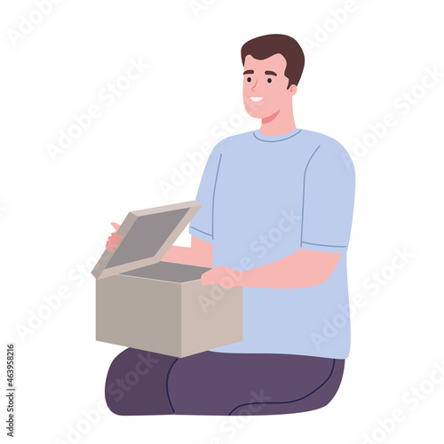 unboxing, man sitting opening box