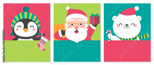 Set of cute cartoon illustration with copy space for christmas and new year card template.