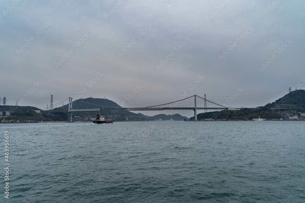View for Kanmon Straits and Kanmon bridge in Japan.
