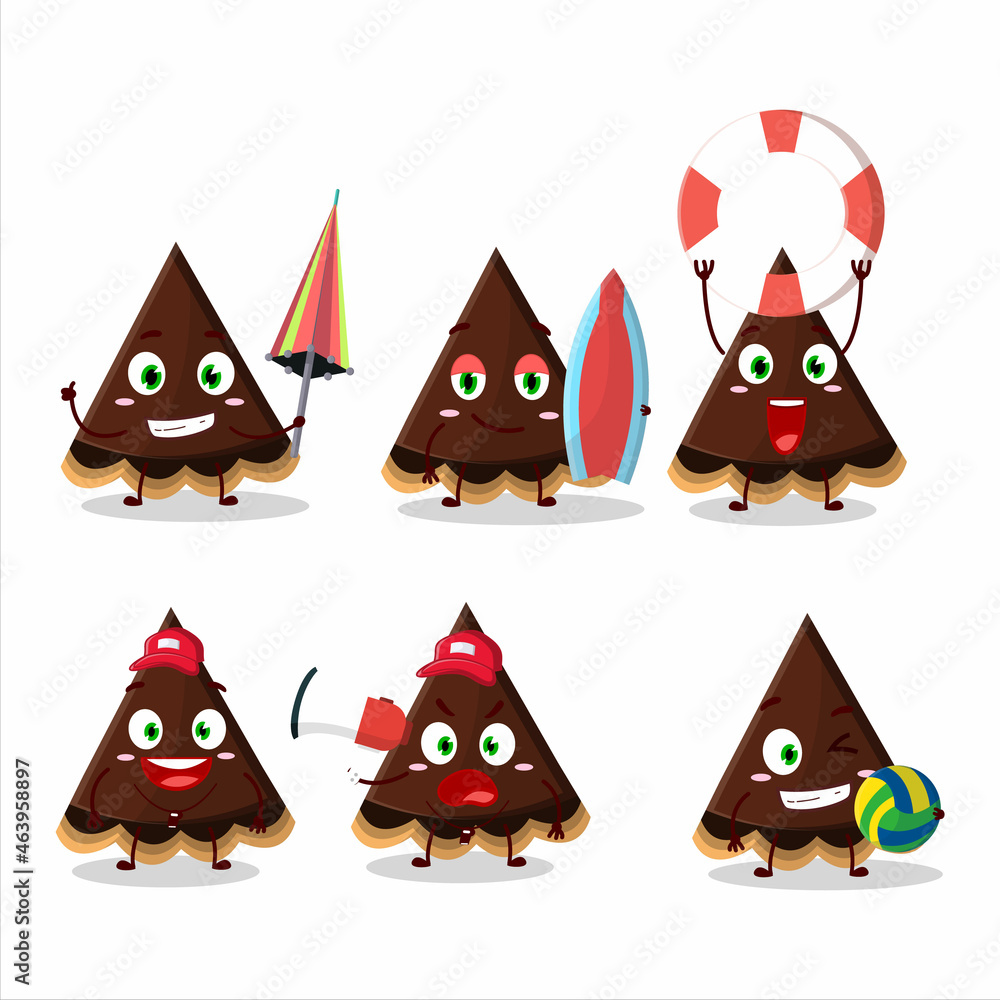 Happy Face slice of chocolate tart cartoon character playing on a beach Happy Face slice of chocolate tart cartoon character playing on a beach