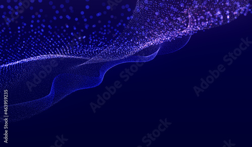 Abstract colorful digital particles wave with bokeh and light background, 3d render wave line dot background, line wave light glowing effect particular background. © World War III