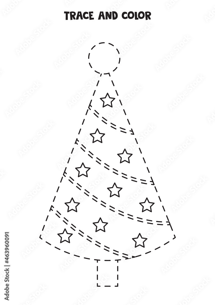 Trace and color cute Christmas tree. Worksheet for kids. Stock Vector