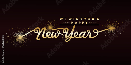 We wish you a Happy New Year 2022 typography fireworks handwritten sparkling dark red gold background
