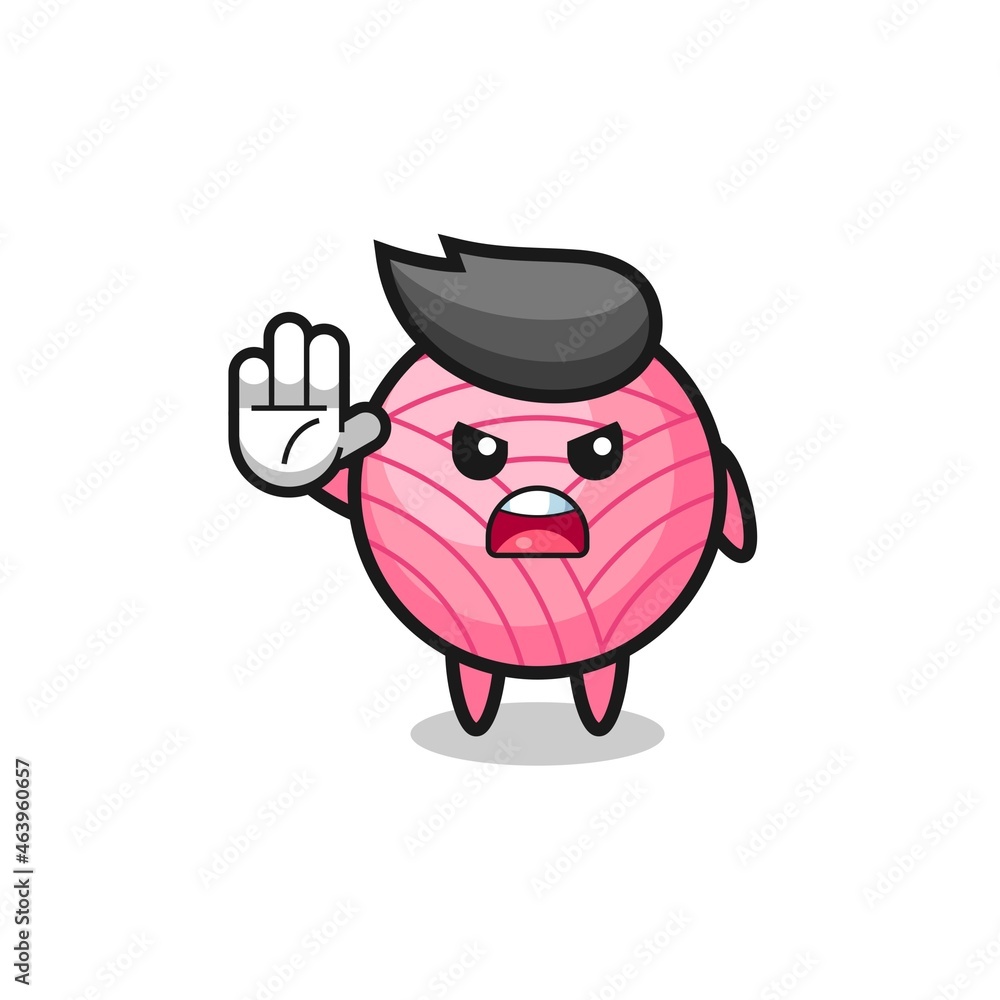 yarn ball character doing stop gesture