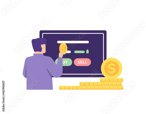 stock buying concept, investment freedom, trader. illustration of a businessman wanting to buy a stock or wanting to invest. share purchase. online payment transactions. flat cartoon style. vector
