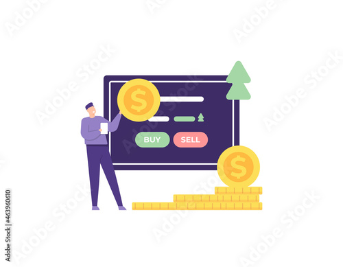 stock buying concept, investment freedom, trader. illustration of a businessman wanting to buy a stock or wanting to invest. share purchase. online payment transactions. flat cartoon style. vector