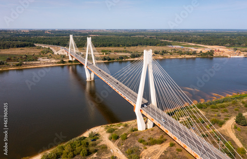 Top view of the cable-stayed Murom bridge over the Oka river. Russia