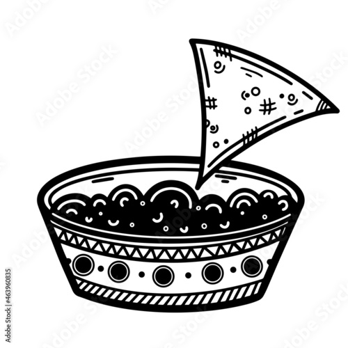 Nachos with sauce vector icon. Hand-drawn illustration isolated on white background. Traditional Mexican appetizer. Fast food sketch. Monochrome engraving. Chips are dipped in a saucepan.