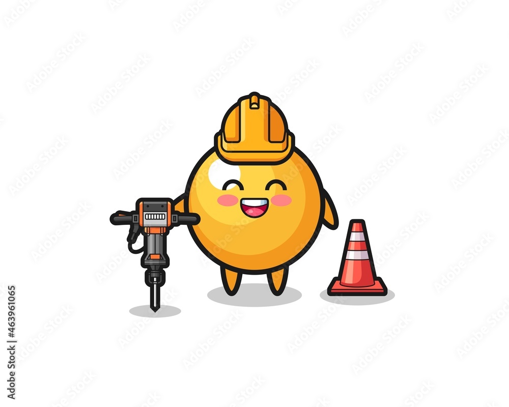 road worker mascot of ping pong holding drill machine