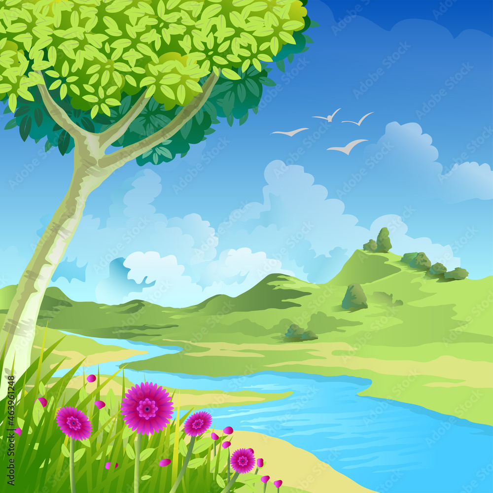 Green cartoon Lanscape with pink flowers and river