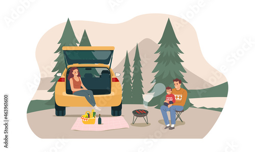 Family having picnic in the forest. Vector illustration.