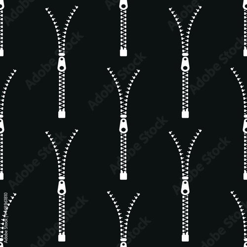 Seamless pattern white zip fasteners on a black background. Vector