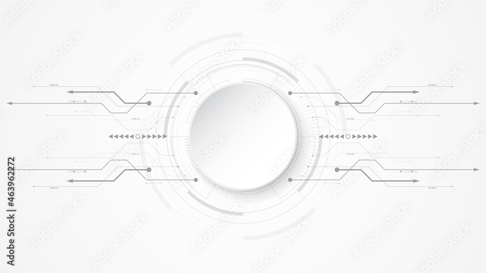 Obraz premium Grey white Abstract technology background with various technology elements Hi-tech communication concept innovation background Circle empty space for your text