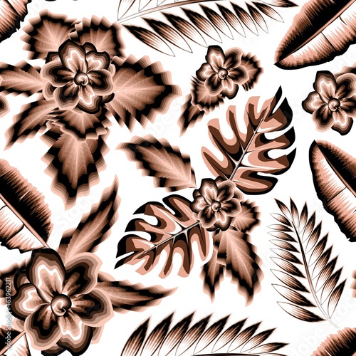 chocolate color vintage jasmine flowers seamless pattern fashionable with tropical plants and leaves in monochromatic style suitable for shirt cloth. Exotic tropics. Summer themed