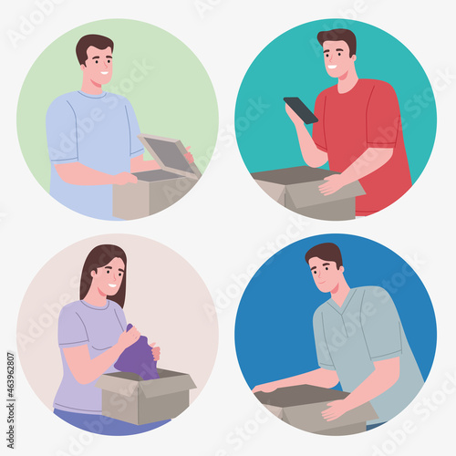 people smiling opening boxes