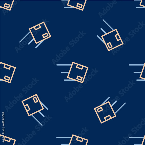 Line Location with cardboard box icon isolated seamless pattern on blue background. Delivery services, logistic and transportation, distribution. Vector