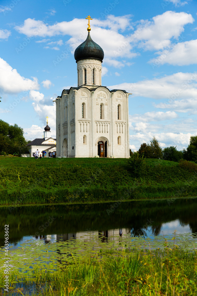 External view of Church of Intercession of Holy Virgin on Nerl River in summertime.