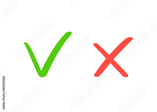 Green check and red cross mark. Hand drawn doodle sketch style. Vote, yes, no drawn concept. Checkbox, cross mark vector illustration.