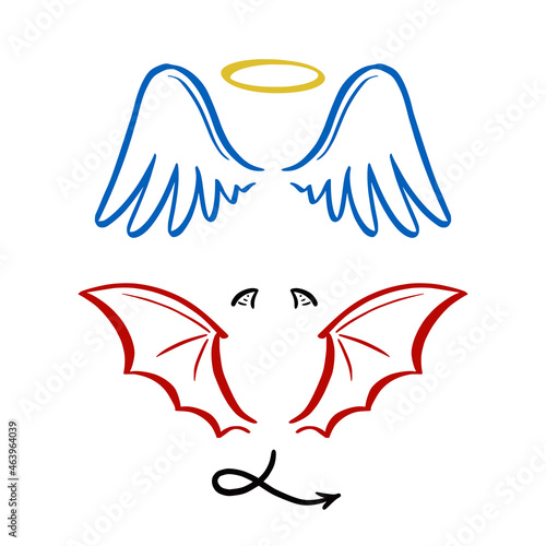 Angel and devil stylized vector illustration. Angel with wing, halo. Devil with wing and tail. Hand drawn line sketch style.