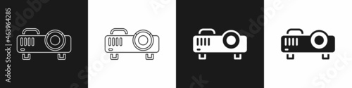 Set Presentation, movie, film, media projector icon isolated on black and white background. Vector