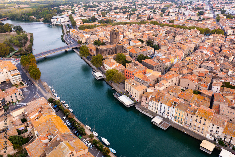 Picturesque aerial view of old French town of Agde