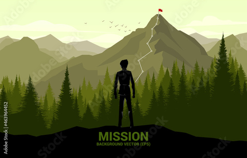 Businessman and Route to the top of mountain. Concept of Goal, Mission, Vision, Career path, Vector concept Polygon dot connect line style