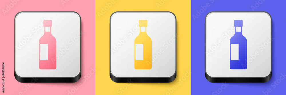Isometric Bottle of wine icon isolated on pink, yellow and blue background. Square button. Vector Isometric Bottle of wine icon isolated on pink, yellow and blue background. Square button. Vector