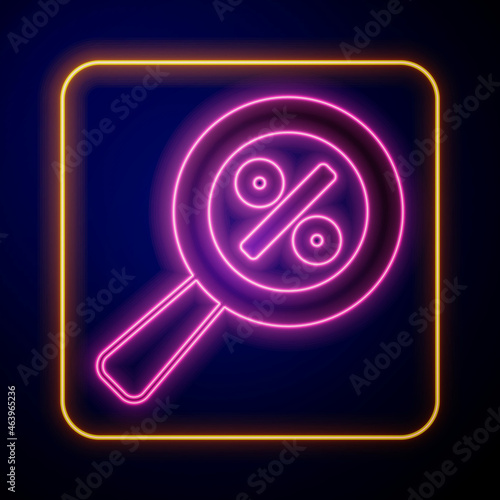 Glowing neon Magnifying glass with percent discount icon isolated on black background. Discount offers searching. Search for discount sale sign. Vector