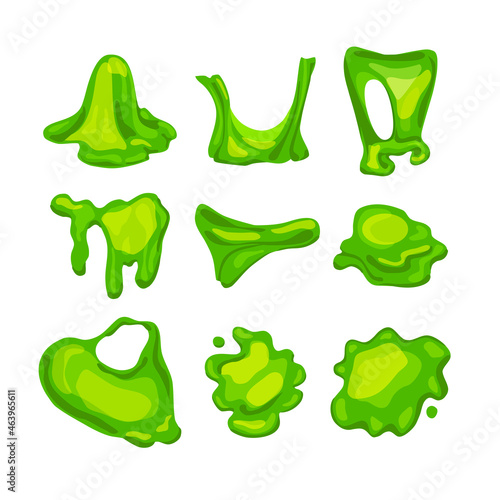 Green slime set.Crumpled, stretched, splattered slimes. Child toy. Vector cartoon illustration of liquid