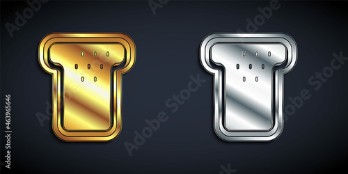 Gold and silver Bread toast for sandwich piece of roasted crouton icon isolated on black background. Lunch, dinner, breakfast snack. Long shadow style. Vector