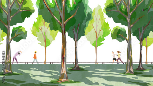 木漏れ日のある公園の手書き水彩風イラスト