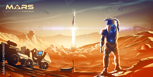 The scientific vector illustration of a colony on Mars in the near future features the launching mission of the rocket into the atmosphere in one of the colonies.