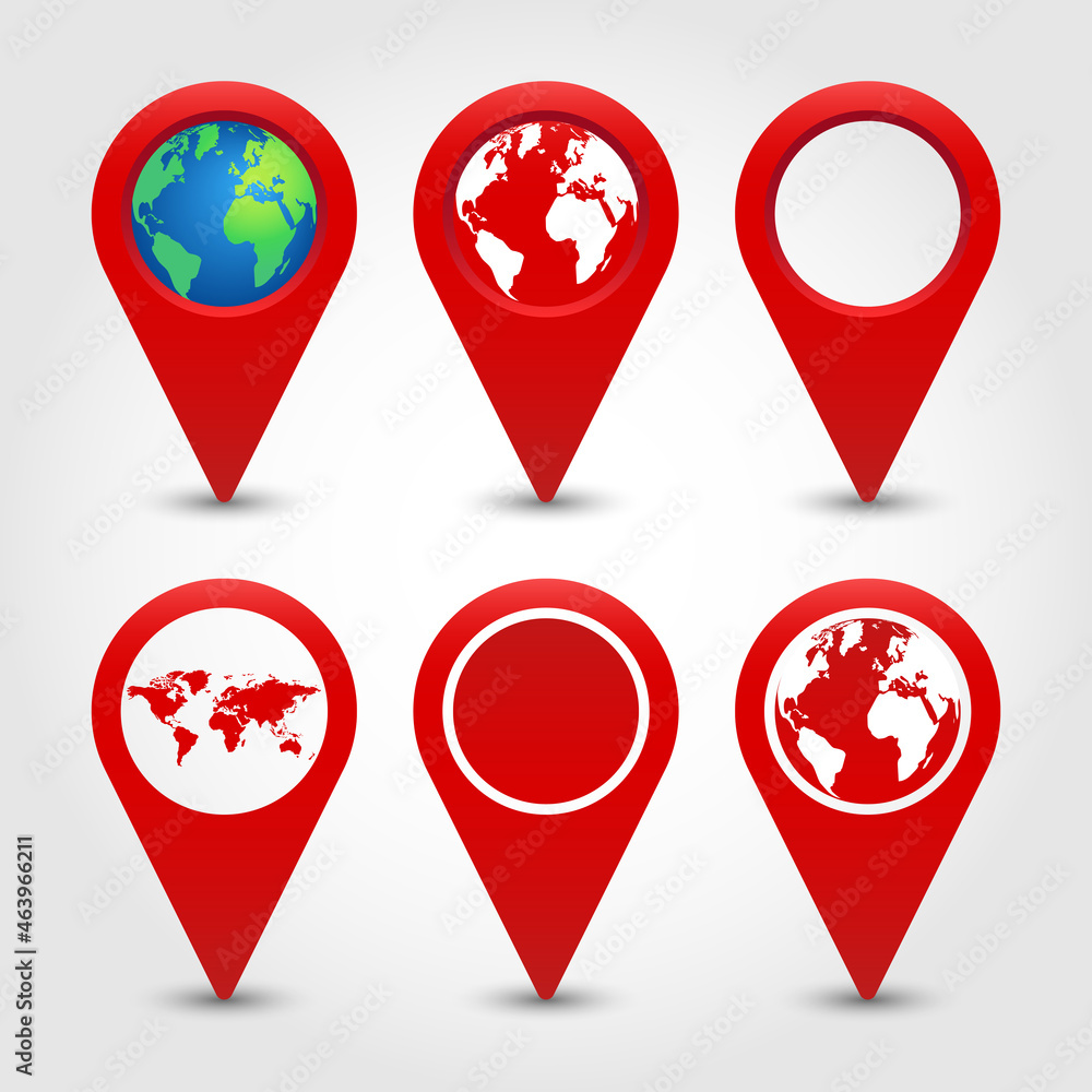 Vector Illustration. Set of red symbols geolocation with a globe. location map pointer. 
