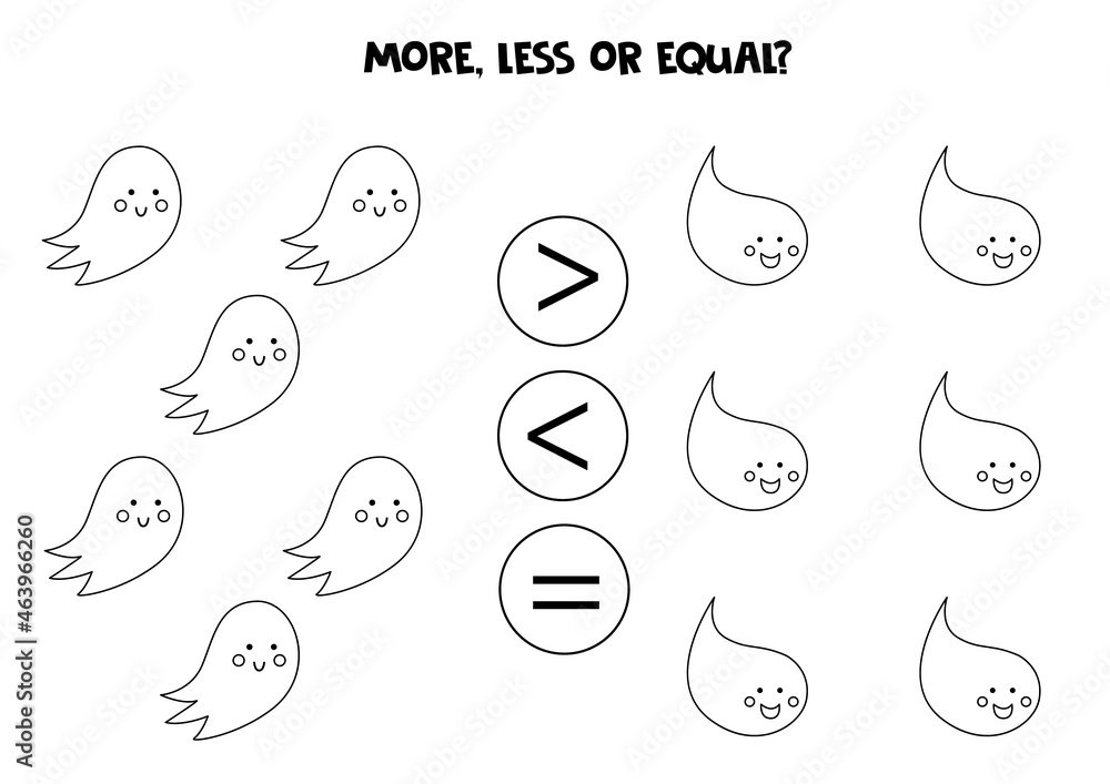 More, less, equal with cute cartoon ghosts. Math comparison.