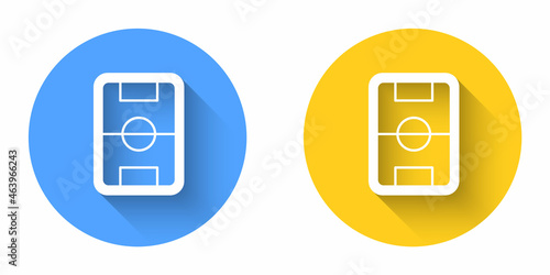 White Football or soccer field icon isolated with long shadow background. Circle button. Vector