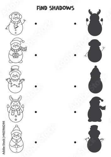 Find the correct shadows of Christmas snowmen. Logical puzzle for kids.
