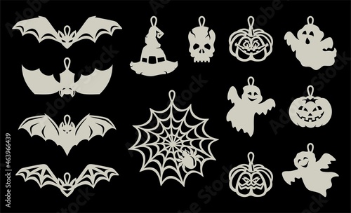 Set of pendants, hanging decorations for Halloween. Silhouettes of pumpkin, bat, skull, magic witch hat, funny ghosts, web with a spider on black background. Vector template for plotter laser cutting.